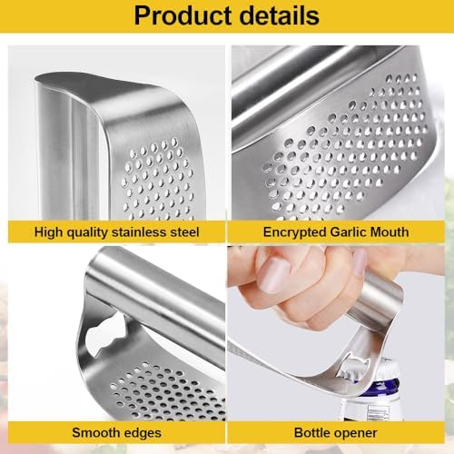 Garlic Press Garlic Presser,2026 Stainless Steel Garlic Presser Bottle Opener Mincer Crusher with Peeler and Cleaning Brush,Multifunctional Kitchen Gadget Garlic Mincer for Woman (A/2PCS)