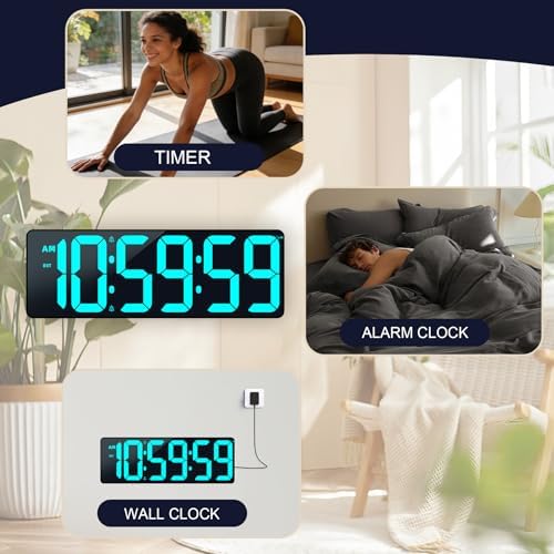 TXL 17.2" Bluetooth Digital Wall Clock with Seconds, Large Countdown Timer for Classroom Home Gym Kitchen Office, Alarm Clock with Remote Control, 4 Dimmable Brightness, Auto DST (Ice Blue)