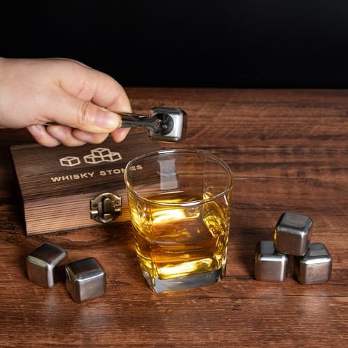 Whiskey Stones, Whiskey Stone Gift Set, 6 Stainless Steel Cubes, Burbon Gifts Cool Presents for Men Dad Husband Boyfriend, Unique Anniversary Birthday Wedding Gift Ideas - by Angde