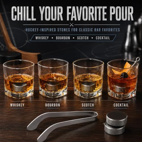 Hockey Puck Whiskey Stones Gift Set with 2 Glasses & Stick Tongs - 7pc Stainless Steel Chilling Rocks, Chill Non-Diluting Freezer Kit, Cool Hockey Gifts for Men, Him, Dad, N H L Gift Boyfriend & Fans
