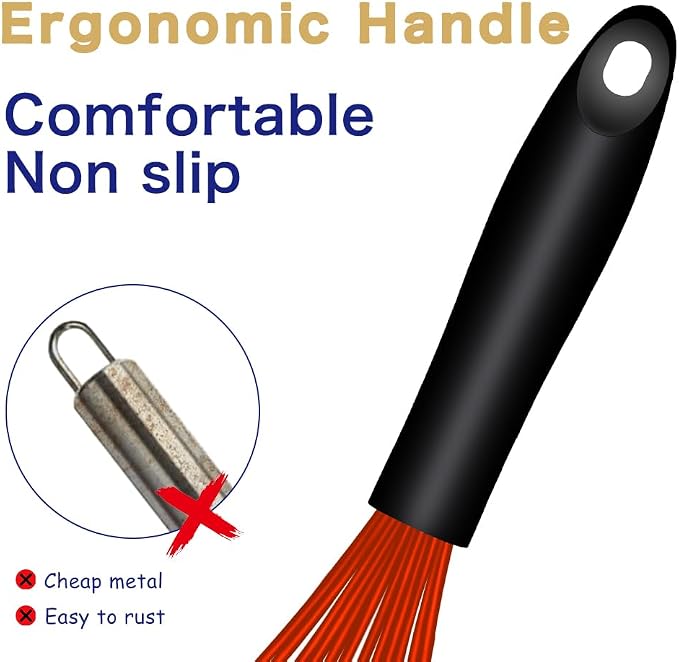 OYV Red Silicone Whisk, Sealed Waterproof Design Set of 3, Professional Kitchen Whisks for Cooking Non-Scratch, Silicone & Stainless Steel Whisk, Heat Resistant 480°F Balloon Egg Beater