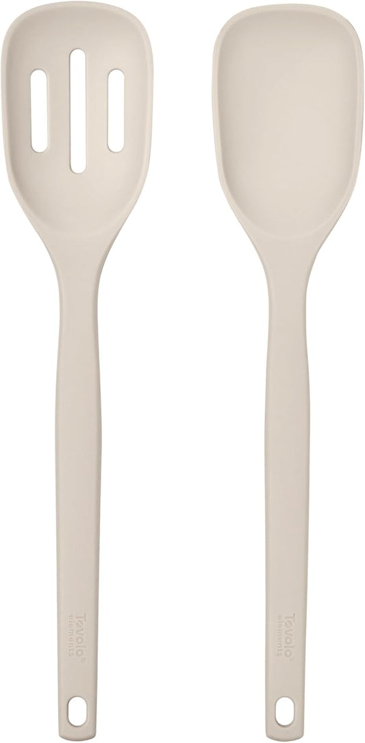 Tovolo Elements Silicone Spoon Set of 2 Mixing and Slotted Spoon Bundle for Non Stick Cooking Mixing Serving, Dishwasher Safe Heat Resistant Slotted Spoon and Mixing Serving Spoon, Oatmeal