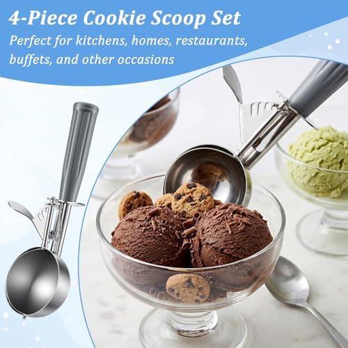4 oz Ice Cream Scoop with Trigger, 4 Pcs Portion Scoop, Stainless Steel Large Cookie Scoops for Portion Control, Baking Food, Cookie Dough, Cupcake Batter