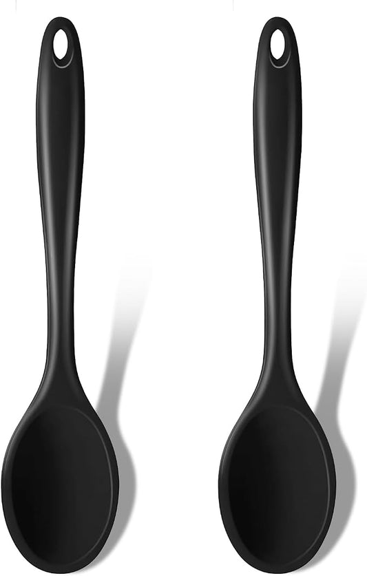 GEEKHOM Silicone Cooking Spoons, 2 Pieces 11" Heat Resistant Silicone Kitchen Utensils Set Large Serving Stirring Spoons for Non Stick Cooking, Mixing, Basting, Baking, Black