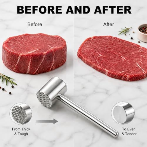 Meat Tenderizer Mallet, Heavy Duty Meat Hammer Dishwasher Safe, Kitchen Essentials 304 Stainless Steel Dual-side Mallet for Steak, Beef, Poultry and Fish