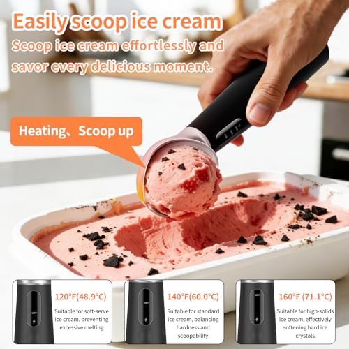 Heated Ice Cream Scoop Rechargeable, IP67 Waterproof Electric Warming Ice Cream Scooper with LED Display, Heats to 70°C for Hard Ice Cream, Easy for Seniors & Kids (Black)