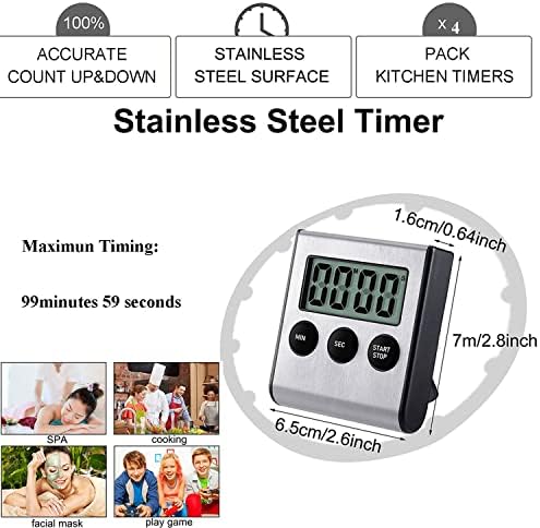 4 Pack Digital Kitchen Timer Magnet, Stainless Steel Cooking Timers with Alarm. Magnetic Countdown Timer for Kitchen Cooking, Baking,Sports Games (AAA Battery Included)