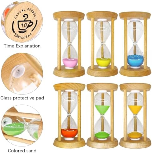 6PCS Wooden Hourglass Sand Timer Set - 30 Sec/1/2/3/5/10 Min Colorful Sandglass Clock for Home Office Kitchen Decor (3.54 x 1.97 Inch)