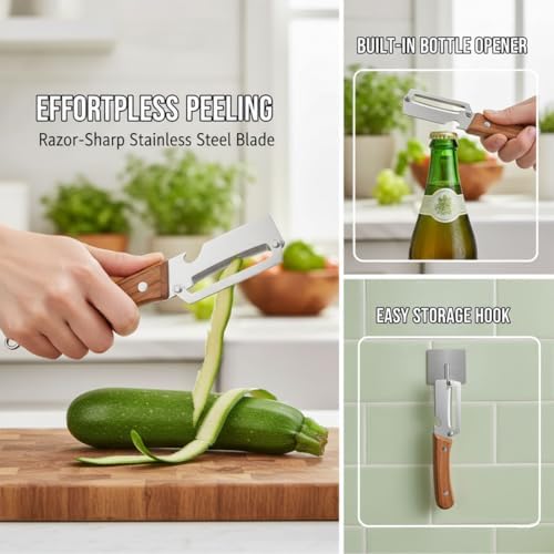 Multi-Functional Vegetable Peeler for Kitchen with Wooden handle & Bottle Opener Design, Premium Stainless Steel Blade Vegetable and Fruit Peeling Tool, Easy peeling & Reduces Waste