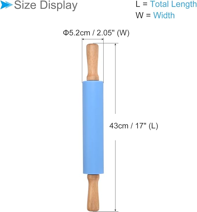 Silicone Rolling Pins, 17" Length, Silicone & Oak Non-Stick Ergonomic Wooden Handle Fondant Dough Roller Blue - (Applications: for Baking DIY Projects)