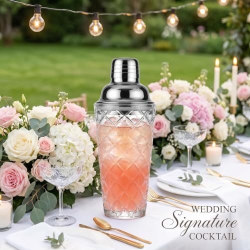 15oz Diamond-Cut Crystal Cocktail Shaker Clear Glass with Polished Stainless Steel Lid - Premium Bar Tool for Home Bartenders - Ideal for Cocktails, Mocktails, and More