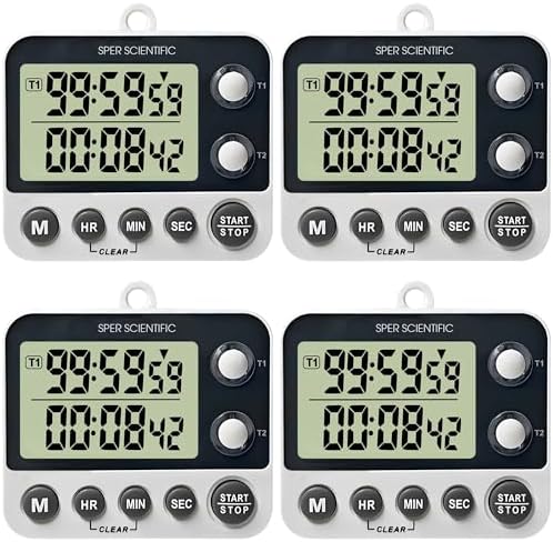 Sper Scientific 2 Channel Digital Lab + Kitchen Timer with Color Coded LED Lights 810002 – Dual Countdown Timer with Large Display, Loud Alarm & Clock Mode - for Cooking, Labs & More - 4 pc