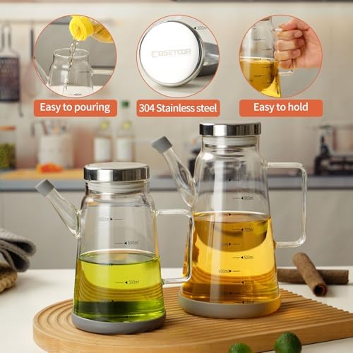 Glass Oil and Vinegar Dispenser with Stainless Steel Lid, No Drip Kitchen 20Oz Liquid Container, Large Cruet (Clear, 600ml)