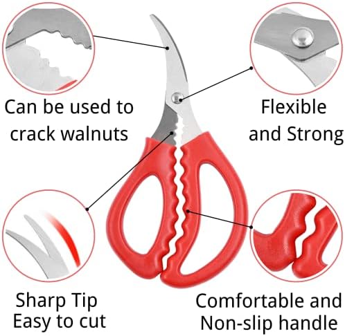 16PCS Kitchen Seafood Scissors for Crab Legs,Multifunctional Stainless Steel Shears,Lobster Scissors, Crab Crackers and Seafood Tools (Red)