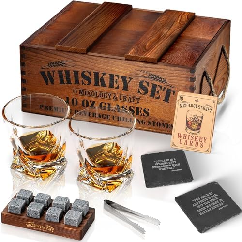 Mixology & Craft Premium Whiskey Set | Two 10oz Cystal Old-Fashioned Glasses, 8 Granite Chilling Stones, Metal Tongs, Recipe Cards in Rustic Wooden Crate Gift Set | Jameson Whiskey