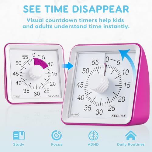 Secura Visual Timer for Kids, 60 Minute Classroom Countdown Timer for Study