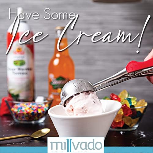 Millvado Stainless Steel Ice Cream and Cookie Scoop | Large Sized, With Red Rubber Grips, Spring Loaded Lever Design, For Sorbet, Melon, Meatballs, Muffins, and More, 3 Ounce Scooper