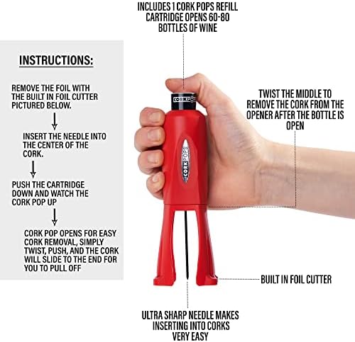 Cork Pops Legacy Wine Opener Built-in 4-Blade Foil Cutter Safe Cork Removal, Effortless Push Button Use, Needle Guard for Safety, Low-Pressure Cartridge Opens Up To 60 (Red, With 1 Cartridge)