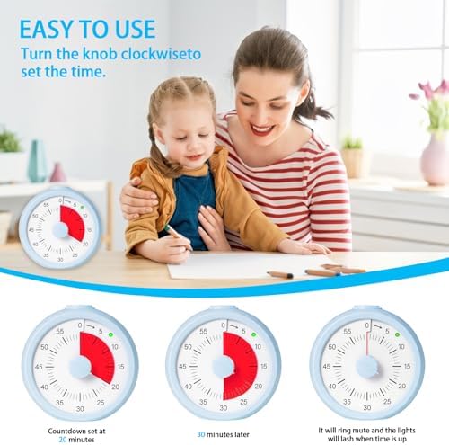 Visual Timer for Kids 60 Minute Countdown Timer for Classroom Study Office Kitchen with Silent Operation RoundTimer (Blue)