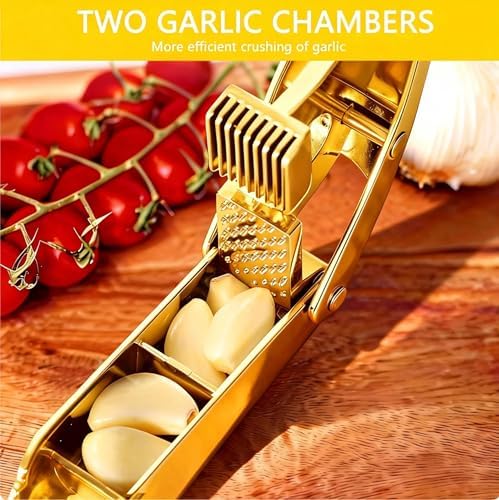 Garlic Press and Slicer 2 in 1, Rust Proof & Dishwasher Safe Professional Garlic Mincer Tool, Effortlessly Crush and Mince Garlic with this Ergonomic Handle-Garlic Slicer & Brush ANCQMI(Gold)