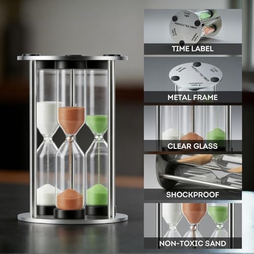 Lily's Home 3.5" Tall 3-in-1 Perfect Tea Timer, Includes 3, 4, and 5 Minute Sand Hourglass Timers, Use for Making Tea or Keeping Time Around The Kitchen, Brushed Stainless Steel Frame, Cylindrical