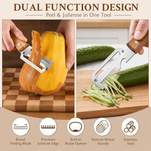 Upgrade Vegetable Peeler and Julienne Peeler Set, 2-Pcs Multifunctional Stainless Steel Veggie Peelers for Kitchen with Wood Handles & Built-in Bottle Opener, Sharp Potato, Carrot & Scallion Shredder