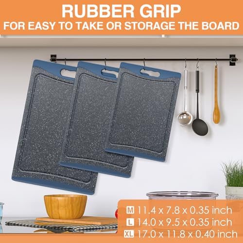 Extra Large Cutting Boards, Plastic Cutting Boards for Kitchen (Set of 3) Cutting Board Set Dishwasher Chopping Board with Juice Grooves Easy-Grip Handles, Prussian Blue, Empune