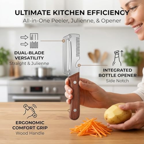 Julienne Peeler - Multi-Functional Vegetable Peeler, 2.5mm (0.1") Thickened 420 Stainless Steel with Glide-Path Zero-Pressure Cutting & Bottle Opener For Fruit Veggie Peeler (B)