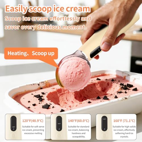 Heated Ice Cream Scoop Rechargeable, IP67 Waterproof Electric Warming Ice Cream Scooper with LED Display, Heats to 70°C for Hard Ice Cream, Easy for Seniors & Kids (Beige)