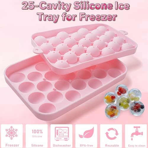 Small Ice Ball Mold, 2Pack Ice Cube Tray with Lid, 25 Cavities Round Flexible Silicone Ice Cube Tray for Freezer, BPA Free Circle Ice Cube Tray for Whiskey, Cocktail, Juice