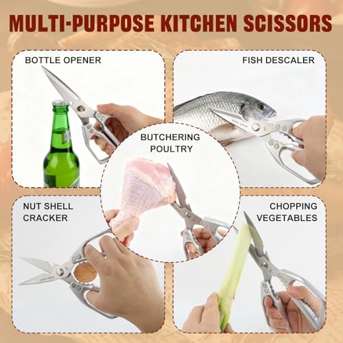 Kitchen Scissors, Heavy Duty Stainless Steel Kitchen Shears, Sharp Silver Meat Scissor, All-Purpose Poultry Scissors, Japanese-Style Cooking Shears for Turkey, Chicken, Thanksgiving, Christmas