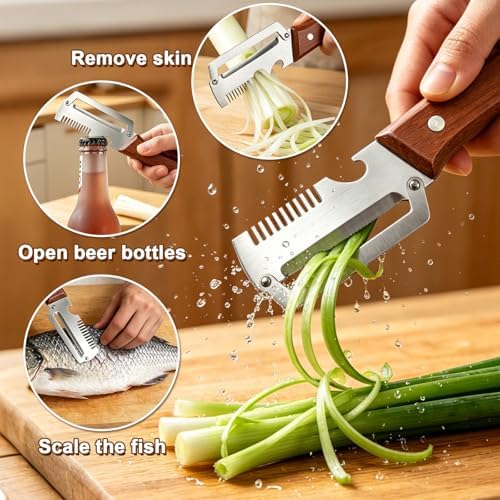 Vegetable Peeler with Wooden Handle, 3-in-1 Stainless Steel Julienne Peelers for Kitchen, Scallion Shredder & Built-in Bottle Opener, Fruit Potato Carrot Pumpkin Peeling Tool, 3 Pack