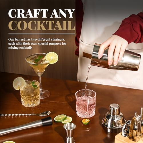 Mixology Bartender Kit with Stand - 15 Piece Bar Tool Set, Silver Bar Set Cocktail Shaker Set for Drink Mixing - Includes Martini Shaker, Jigger, Strainer, Bar Mixer Spoon, Tongs | Gift Idea (Natural)