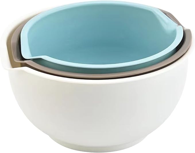 Set of 3 Mixing Bowls with Pour Spout-Nesting Design Saves Space - Non-Slip, BPA Free, Dishwasher Safe Plastic - Kitchen Cooking and Baking Supplies (Blue Grey white)