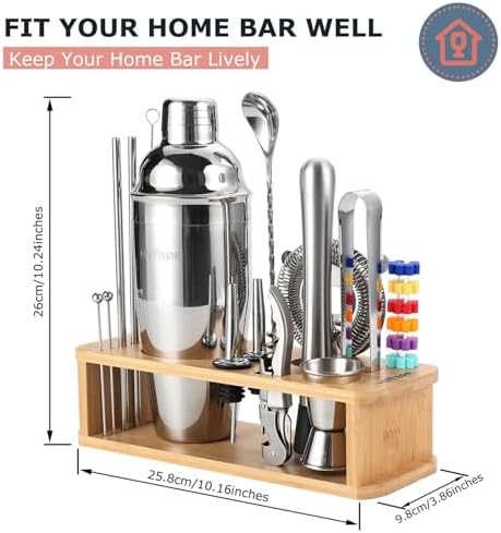 HMYBAR® 22-Piece Cocktail Shaker Set, Mixology Bartender Kit with 24oz Cobbler Shaker, Home Bar Tool Set with Natural Bamboo Stand, 39 Recipe Cards, Glass Markers, Gift for Men & Dad