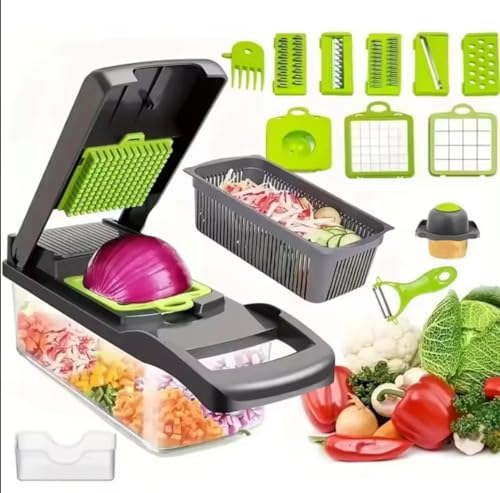 Veggie slicer 16 pieces (Gray, 1) 16 pieces hand operated vegetable slicer, veggie chopper, food chopper, onion cutter.