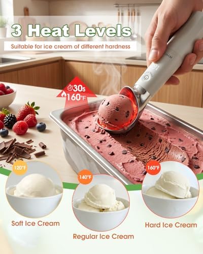 MYMULIKE Heated Ice Cream Scoop, Icecream Scoop Rechargeable with 3 Temp Settings (120-160°F), IP67 Waterproof, 3oz Larger Ice Cream Scooper for Hard Gelato & Cookie Dough
