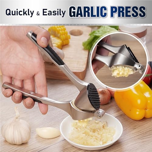 Garlic Press Set - Premium Professional Garlic Mincer Tool - Garlic Crusher. Easy-Squeeze, Easy-Clean, Ergonomic anti-slip handle - Silicone Garlic Peeler & Brush, 6.8in x 1.8in, ETZX1