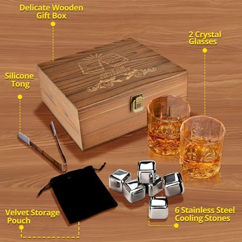 Whiskey Glasses Gifts Set for Men, Whiskey Stones Bourbon Drinking Glass with Wooden Gift Box, Cocktails Scotch Cups Birthday Gift Set for Him