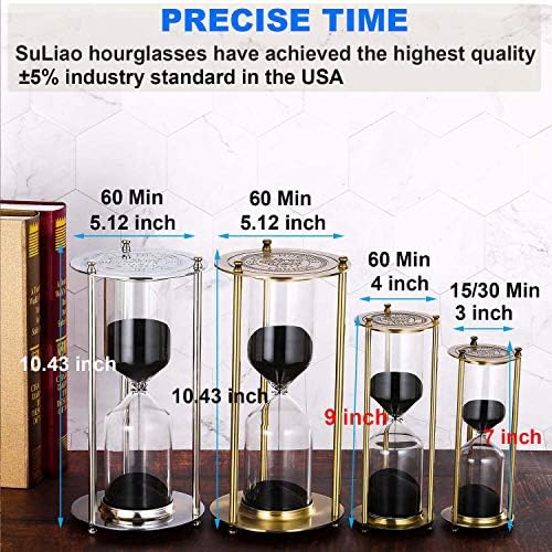 SuLiao Hourglass 15 Minute Sand Timer, Vintage Brass Black Sand Clock, Metal Small Sand Watch 15 Min, Antique Reloj De Arena, Unique Hour Glass Sandglass for Home, Office, Desk Decoration