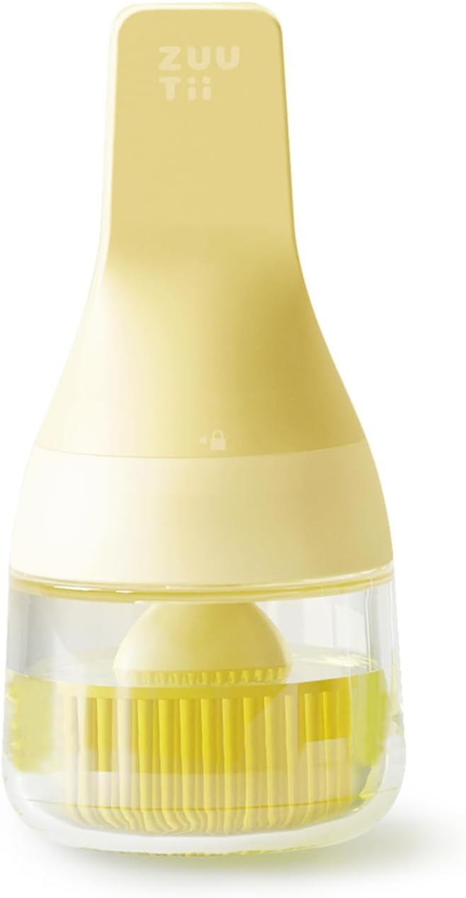 Zuutii Oil Dispenser with Silicone Brush for Cooking,Glass Oil Bottle with Heat Resistant Basting Brushes for Baking, Food Brush for Grilling, Butter, BBQ Sauce，Dishwasher Safe,4.4oz,Yellow