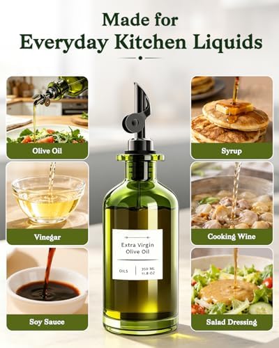COOLMI Olive Oil Dispenser Set of 2, Dark Green Glass Bottles, 12 oz