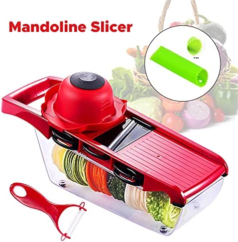 Mandoline slicer Vegetable chopper Multifunctional cutter 6-in-1 for potatoes, tomatoes, garlic, carrots and fruits, Grater Vegetable, Julienne Slicer, Storage Container, Hand Protector, Garlic Peeler