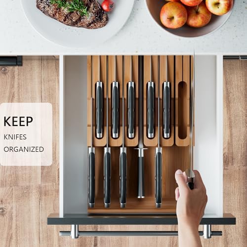Domax Bamboo In-drawer Knife Block - Kitchen Knife Drawer Organizer Insert, Steak Knife Holder Without Knives, Drawer Knife Organizer Fits for 12 knives and 1 Sharpening Steel (Not Included), Walnut