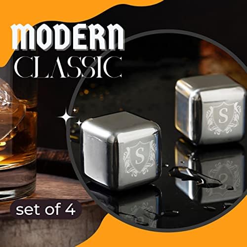 Whiskey Stones Gifts Set with Initial for Men & Women, 4pcs Stainless Steel Whiskey Rocks with Pouch and Tong, Chilling Ice Cubes Initial Gifts for Whiskey Lovers, Dad, Mom, Grandpa, Uncle - M