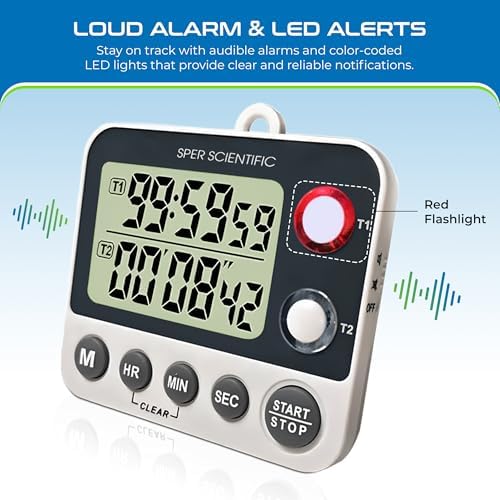 Sper Scientific 2 Channel Digital Lab + Kitchen Timer with Color Coded LED Lights 810002 – Dual Countdown Timer with Large Display, Loud Alarm & Clock Mode - for Cooking, Labs & More