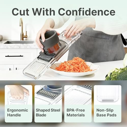 ZKIRON Mandoline Slicer for Kitchen, 6-in-1 Multifunctional Handheld Vegetable Cutter with Transparent Body & Safety Guard, Potato Slicer Cucumber Julienne Shredder, Compact Salad Prep Gadget