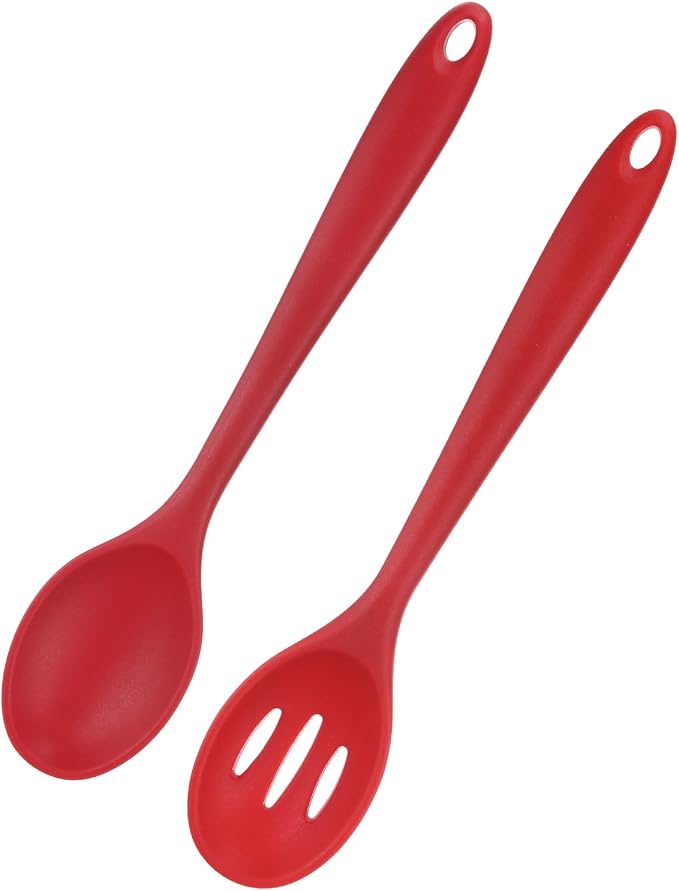 M METERXITY 2-Pack Silicone Cooking Spoons, 10.6" Mixing Nonstick Slotted and Solid Serving Spoons, Heat Resistant Utensils for Kitchen/Cooking/Baking/Stirring