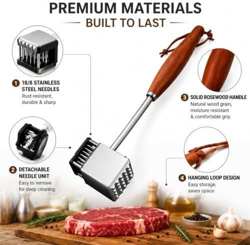 2-in-1 Stainless Steel Meat Tenderizer Hammer, Dual Sided Meat Mallet with Removable Needle Design, 0.66LB Heavy Duty Steak Pounder with Non-Slip Rosewood Handle for Beef Pork Chicken