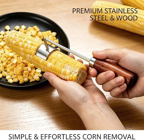 Corn Peeler 2026 Upgrade,Stainless Steel Curved Blade Corn Cob Stripper with Wooden Handle, Ergonomic Kernel Remover for Fresh, Cooked, or Frozen Corn(2pcs）